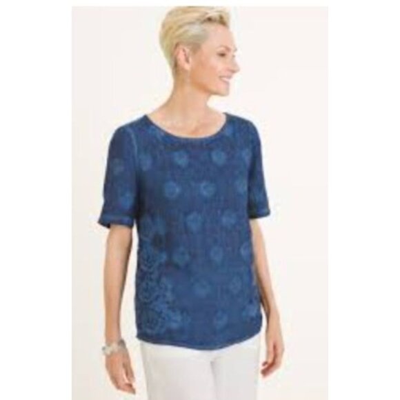 Chicos 1 Womens Blue Embroidered Linen Top shirt sz medium short sleeve new $99 - Picture 1 of 6
